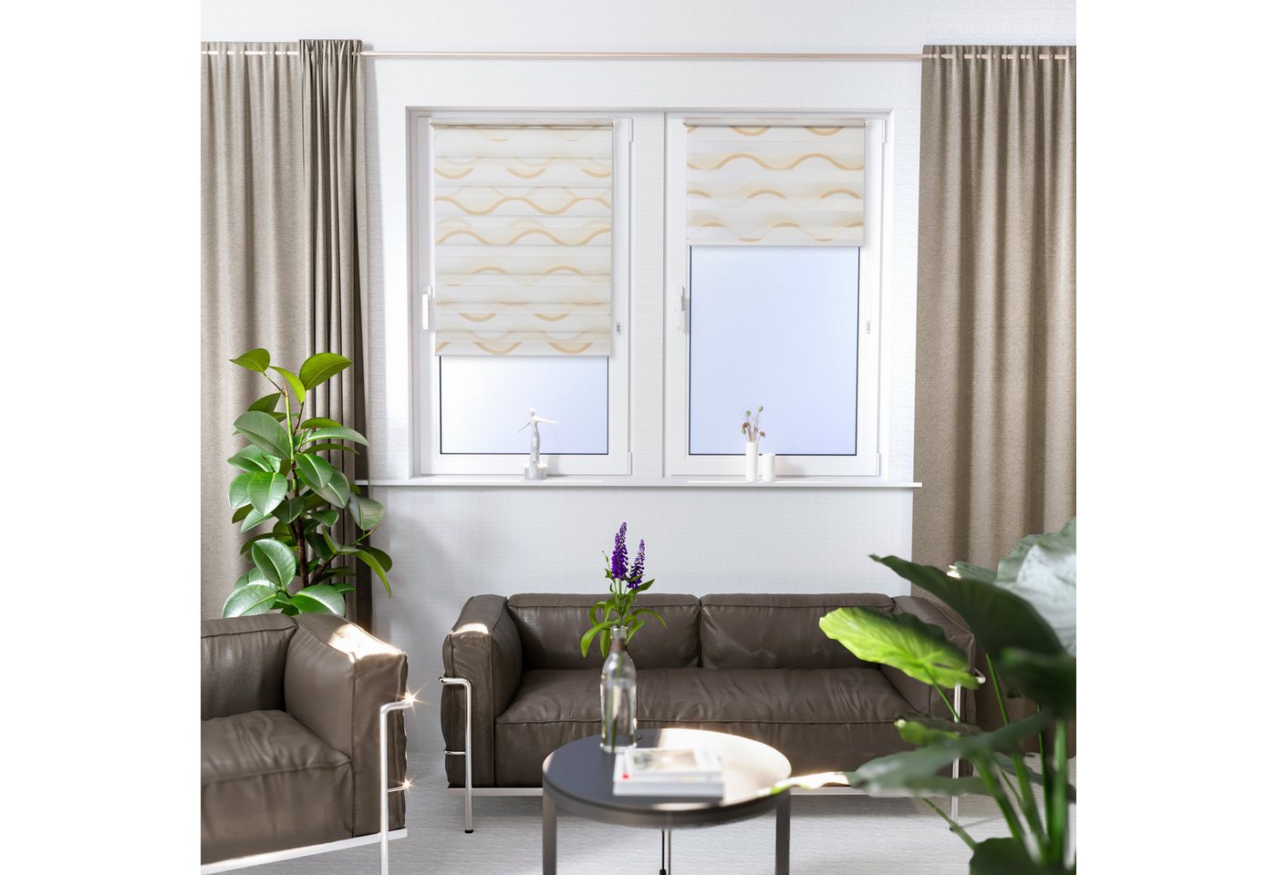 Doppelrollo Wellen Design, K-HOME, Lichtschutz, ohne Bohren, freihängend, Klemmfix, Bedruckt mit Muster – Bild 4 von 5