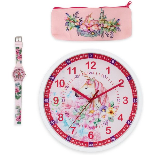 K&L Wall Art Wanduhr Mädchen Geschenk-Set: Rosa Einhorn Wanduhr + Armbanduhr + Mäppchen (Wanduhr Set für Mädchen, stilles Uhrwerk ohne Tick-Geräusche)