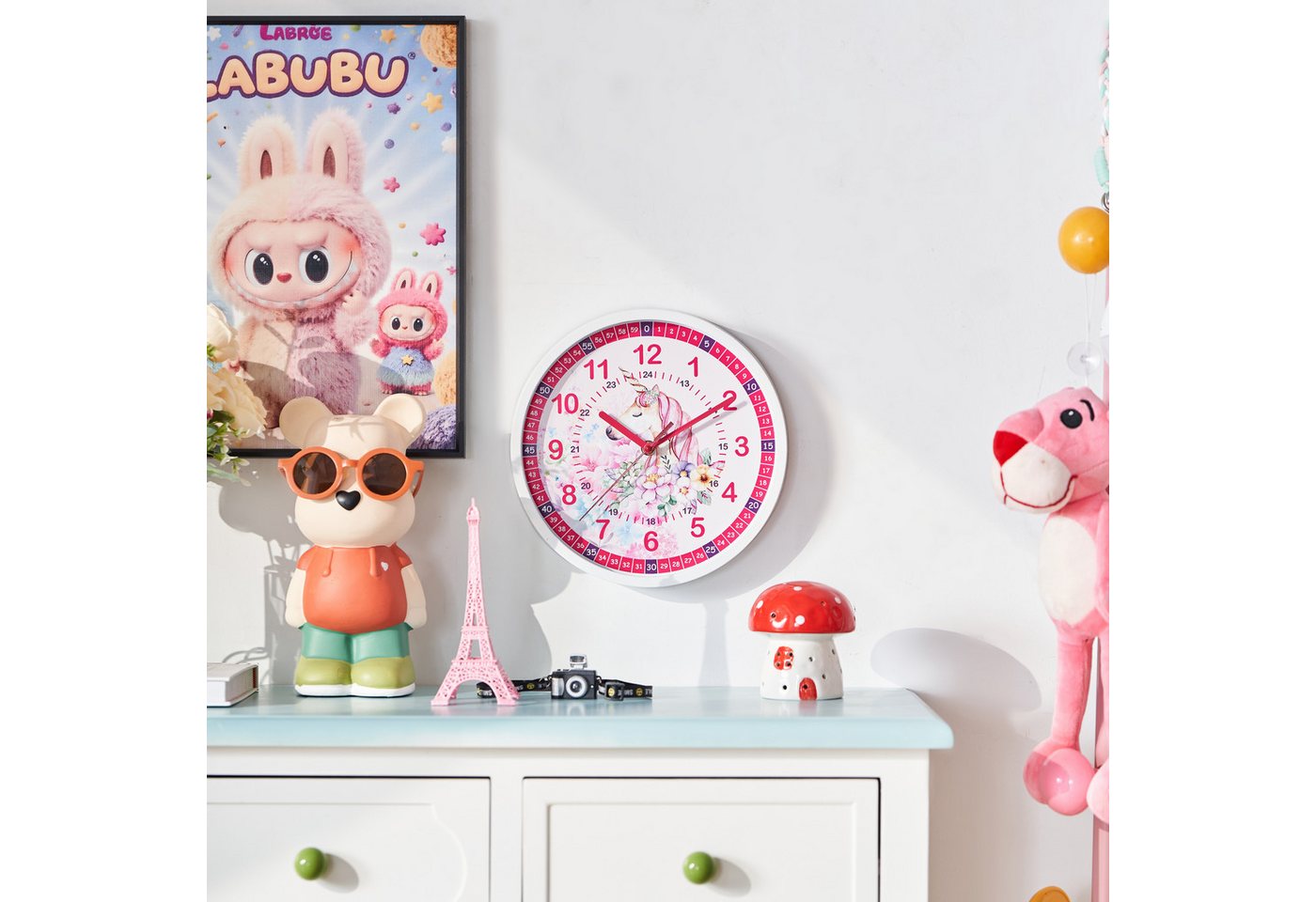 K&L Wall Art Wanduhr Mädchen Geschenk-Set: Rosa Einhorn Wanduhr + Armbanduhr + Mäppchen (Wanduhr Set für Mädchen, stilles Uhrwerk ohne Tick-Geräusche) – Bild 2 von 5