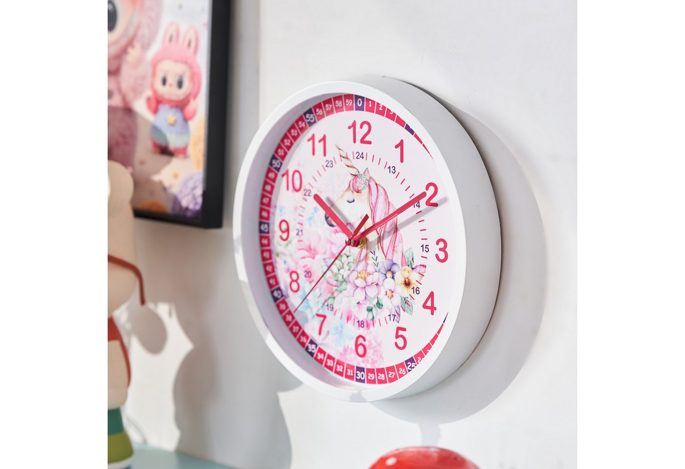 K&L Wall Art Wanduhr Mädchen Geschenk-Set: Rosa Einhorn Wanduhr + Armbanduhr + Mäppchen (Wanduhr Set für Mädchen, stilles Uhrwerk ohne Tick-Geräusche) – Bild 3 von 5