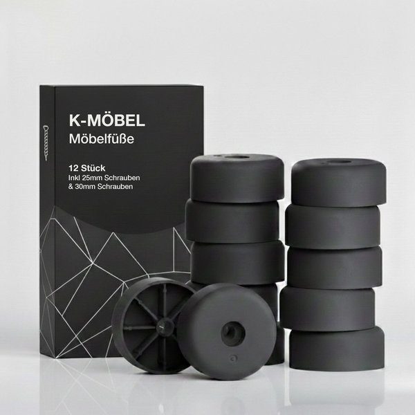 K-Möbel Möbelfuß C1100, (Set, 12-St., 12 Stück inkl 25mm & 30mm Schrauben), Made in Germany - bis 300kg belastbar