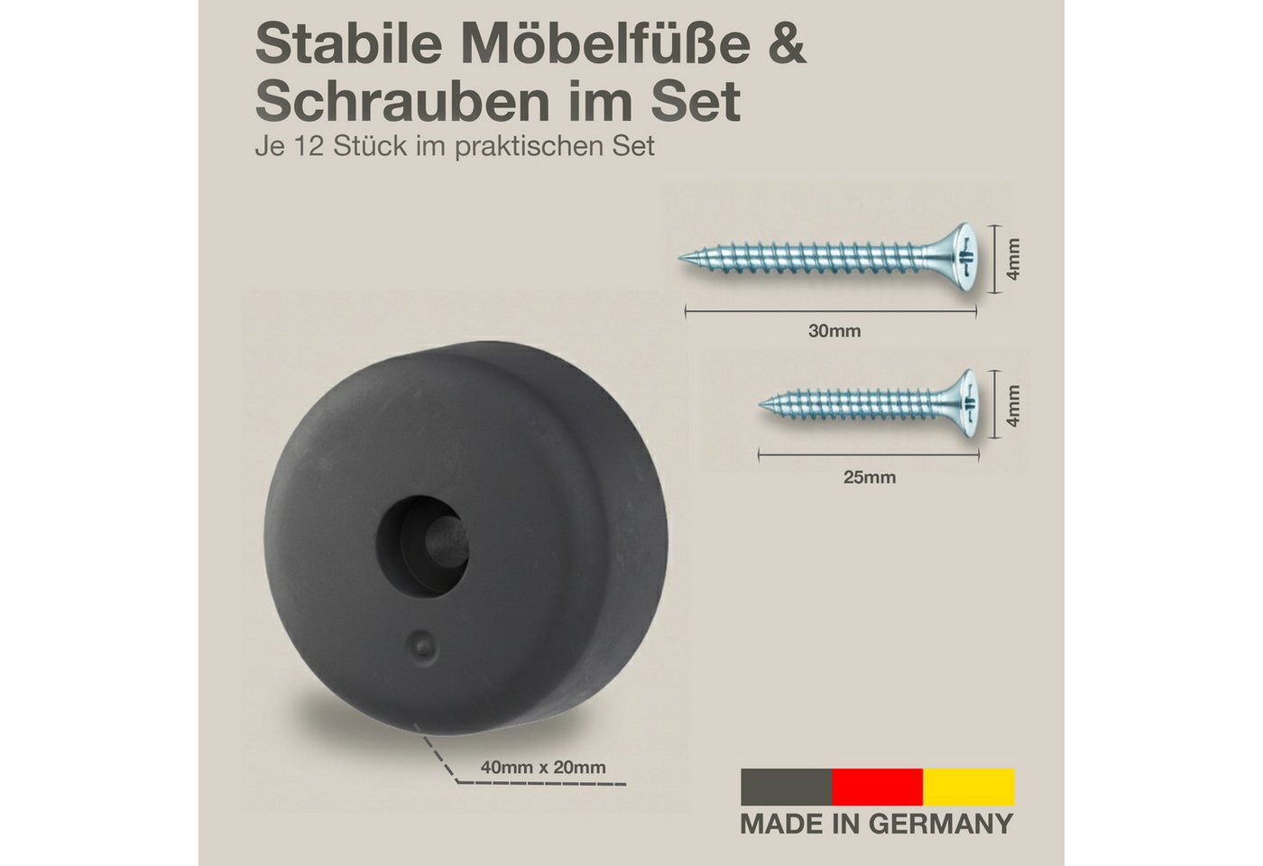 K-Möbel Möbelfuß C1100, (Set, 12-St., 12 Stück inkl 25mm & 30mm Schrauben), Made in Germany - bis 300kg belastbar – Bild 2 von 5