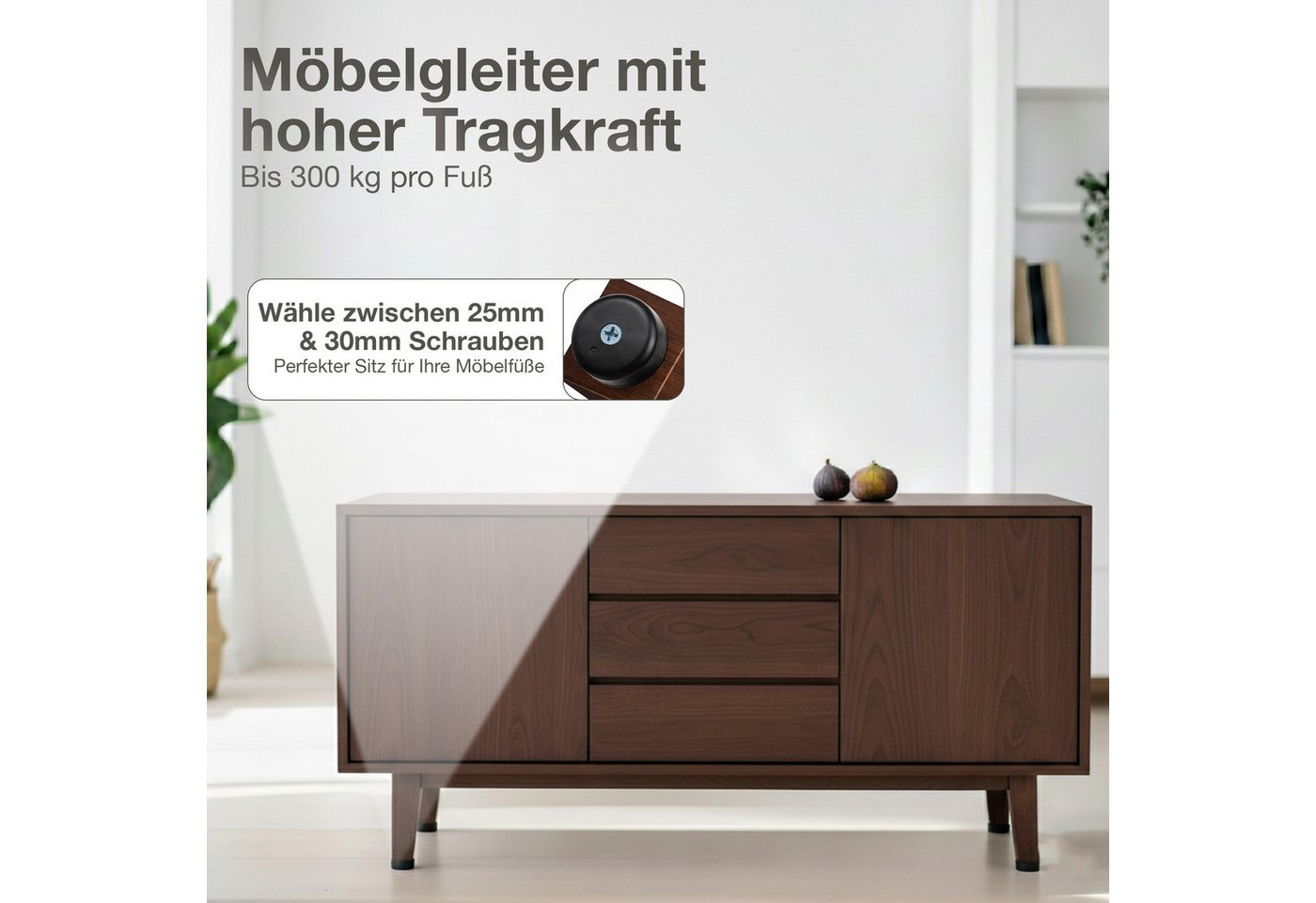 K-Möbel Möbelfuß C1100, (Set, 12-St., 12 Stück inkl 25mm & 30mm Schrauben), Made in Germany - bis 300kg belastbar – Bild 4 von 5