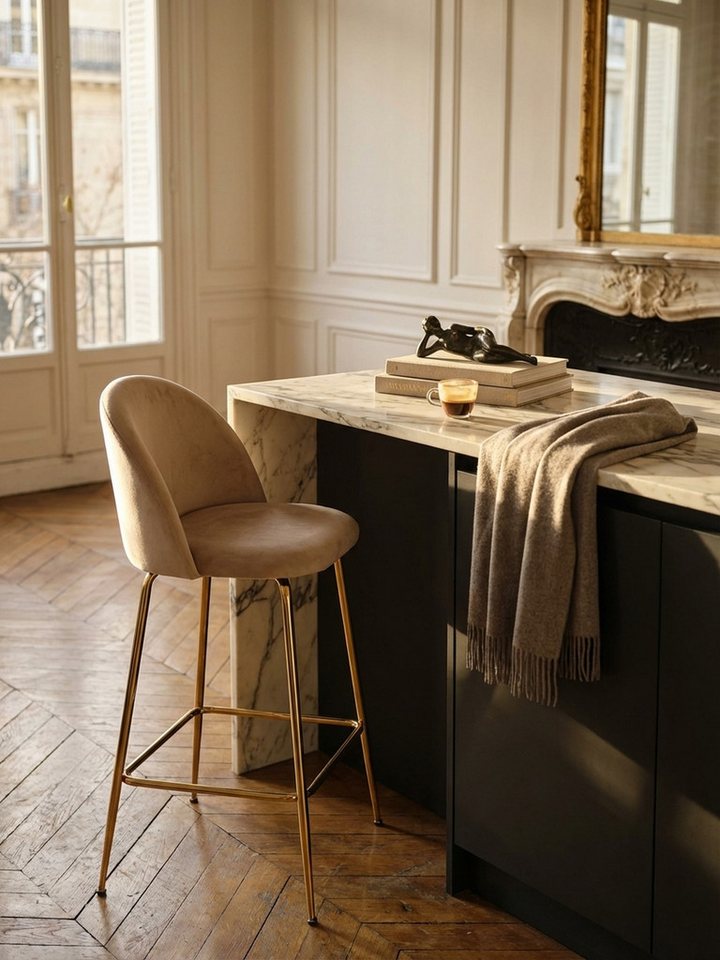 KADIMA DESIGN Barhocker 2er Set Barhocker Samt Beige Hocker mit Lehne & goldenen Beinen, (Tresenhocker, Bistrohocker Gepolstert), Küchenhocker Skandinavisch Sto – Bild 3 von 5