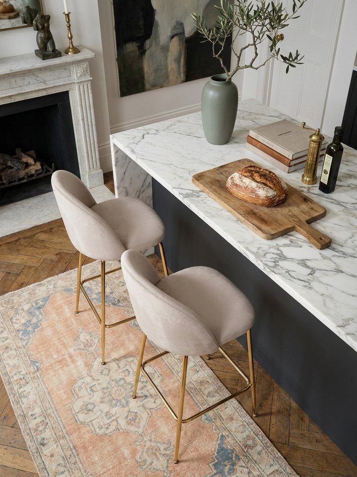 KADIMA DESIGN Barhocker 2er Set Barhocker Samt Beige Hocker mit Lehne & goldenen Beinen, (Tresenhocker, Bistrohocker Gepolstert), Küchenhocker Skandinavisch Sto – Bild 5 von 5