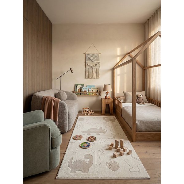 KADIMA DESIGN Kinderteppich CANAZEI Creme Kinderteppich 80x150 Dinosaurier Polypropylen Kurzflor, Läufer, Höhe: 14 mm, Saugroboter-geeignet, Strapazierfähig, Fa