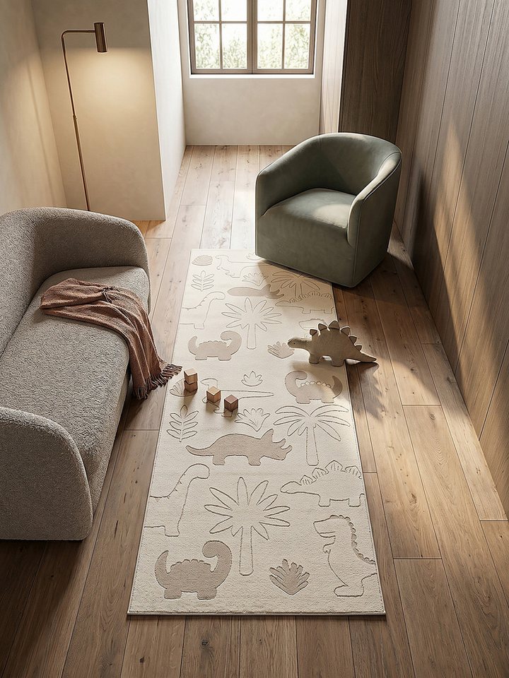 KADIMA DESIGN Kinderteppich CANAZEI Creme Kinderteppich 80x150 Dinosaurier Polypropylen Kurzflor, Läufer, Höhe: 14 mm, Saugroboter-geeignet, Strapazierfähig, Fa – Bild 3 von 5
