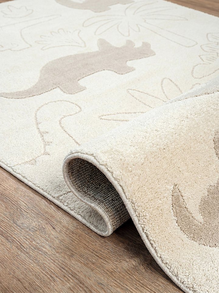 KADIMA DESIGN Kinderteppich CANAZEI Creme Kinderteppich 80x150 Dinosaurier Polypropylen Kurzflor, Läufer, Höhe: 14 mm, Saugroboter-geeignet, Strapazierfähig, Fa – Bild 5 von 5