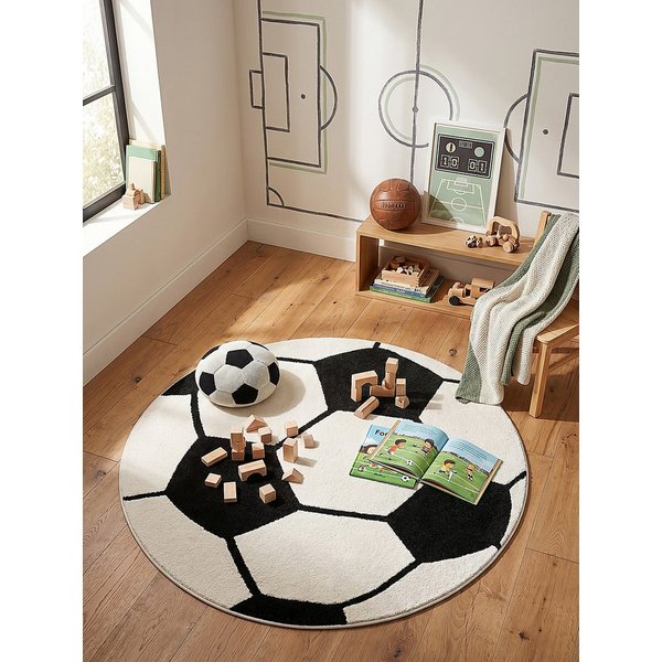 KADIMA DESIGN Kinderteppich CANAZEI Teppich Kinder Schwarz-Weiß 80x80 Fußball Polypropylen, Rund, Höhe: 14 mm, Saugroboter-geeignet, Strapazierfähig, Farbecht
