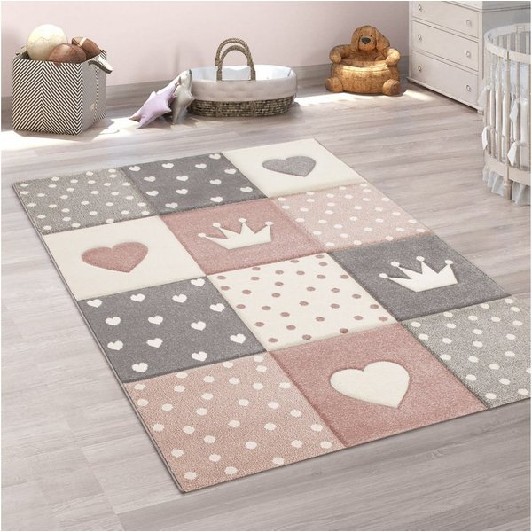KADIMA DESIGN Kinderteppich Herz‑Kronen‑Patchwork‑Muster Kinderzimmer Kinderteppich, Rechteckig, Höhe: 16 mm, Florhöhe: 12 mm, 100% Polypropylen, Rechteckig, 14
