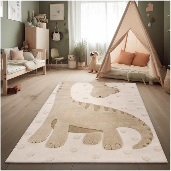 KADIMA DESIGN Kinderteppich kleiner Dinosaurier Kinderzimmer schmutzabweisend Teppich Kinder, Läufer, Höhe: 21 mm, Florhöhe: 17 mm, 100% Polyester, Läufer, 80x1