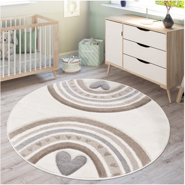 KADIMA DESIGN Kinderteppich Regenbogen mit Herz Kinderzimmer schmutzabweisend Teppich Kinder, Rund, Höhe: 16 mm, Florhöhe: 12 mm, Polypropylen, Rund, 120D, Beig