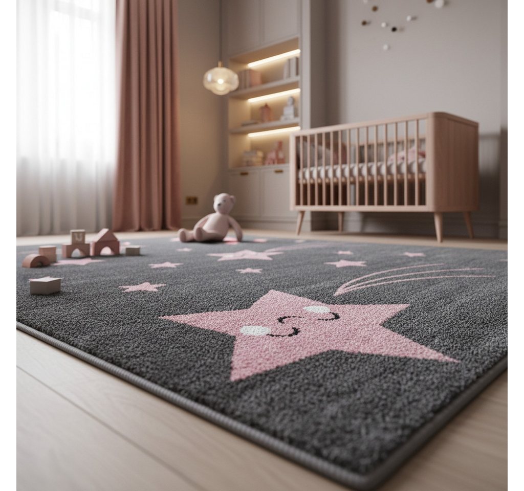 KADIMA DESIGN Kinderteppich TASNA Spielteppich Kinderzimmer Bunt Waschbar Strapazierfähig, Läufer, Höhe: 13 mm, Pink, 80x150 cm, Kurzflorteppich Sterne Waschbar – Bild 2 von 5