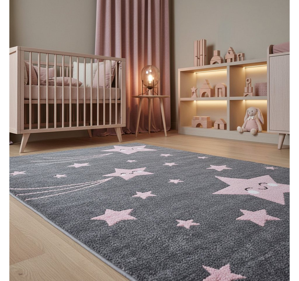KADIMA DESIGN Kinderteppich TASNA Spielteppich Kinderzimmer Bunt Waschbar Strapazierfähig, Läufer, Höhe: 13 mm, Pink, 80x150 cm, Kurzflorteppich Sterne Waschbar – Bild 3 von 5
