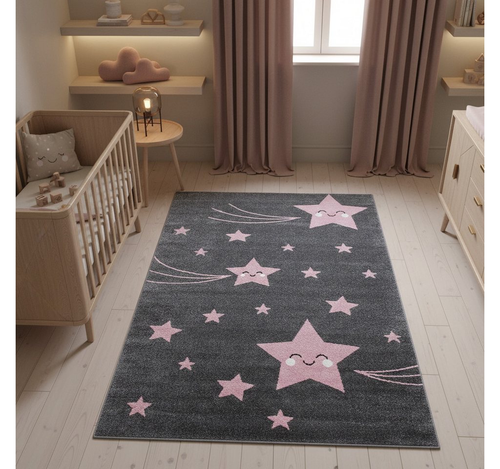 KADIMA DESIGN Kinderteppich TASNA Spielteppich Kinderzimmer Bunt Waschbar Strapazierfähig, Läufer, Höhe: 13 mm, Pink, 80x150 cm, Kurzflorteppich Sterne Waschbar – Bild 4 von 5