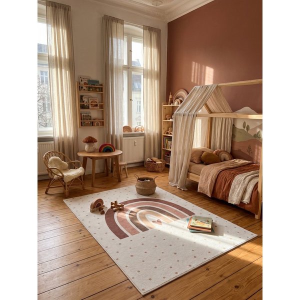 KADIMA DESIGN Kinderteppich TINO Kinderteppich Waschbar Kinderzimmer Schadstoffgeprüft, Läufer, Höhe: 10 mm, Creme, 80x150 cm, Kinderteppich Waschbar Spielteppi