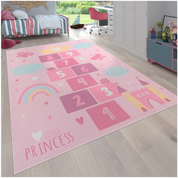KADIMA DESIGN Kinderteppich waschmaschinenwaschbar Prinzessinnen‑Hüpfkästchen‑Muster Kinderteppich, Rechteckig, Höhe: 4 mm, 100% Polyester, Rücken aus Felt + Do