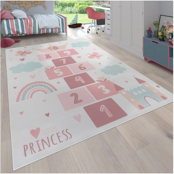 KADIMA DESIGN Kinderteppich waschmaschinenwaschbar Prinzessinnen‑Hüpfkästchen‑Muster Kinderteppich, Läufer, Höhe: 4 mm, 100% Polyester, Rücken aus Felt + Dots, 