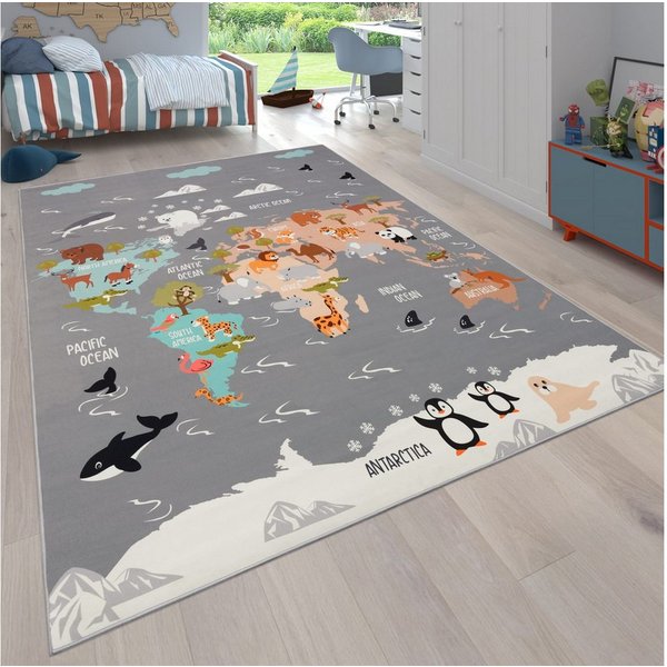 KADIMA DESIGN Kinderteppich waschmaschinenwaschbar Tier‑Weltkarten‑Muster Kinderteppich, Rechteckig, Höhe: 4 mm, 100% Polyester, Rücken aus Felt + Dots, Rechtec