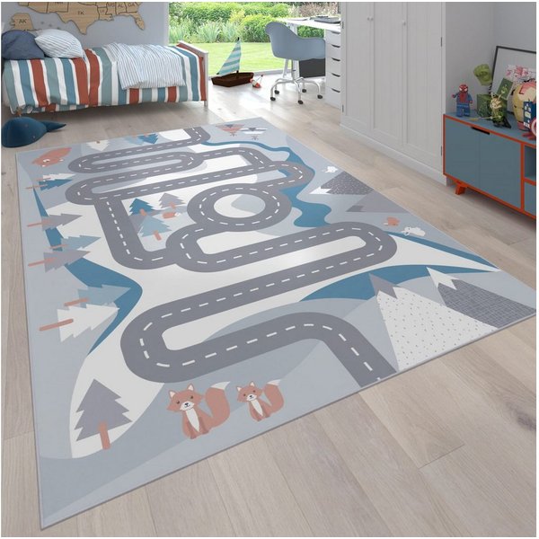 KADIMA DESIGN Kinderteppich waschmaschinenwaschbar Wald‑Straßen Kinderzimmer Kinderteppich, Läufer, Höhe: 4 mm, 100% Polyester, Rücken aus Felt + Dots, Rechteck
