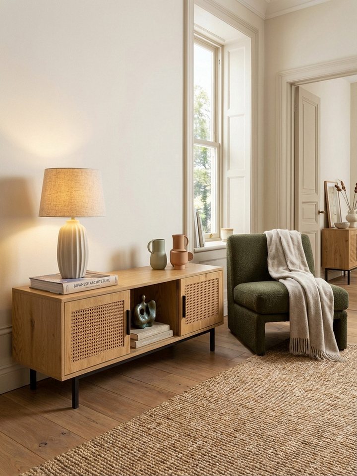 KADIMA DESIGN Lowboard Lowboard Eiche-Dekor mit Wiener Geflecht 120x45,5x40 cm TV-Kommode (Fernsehschrank, Fernsehkommode Wohnzimmer Rattan), Zeitlos mit Schieb – Bild 2 von 5