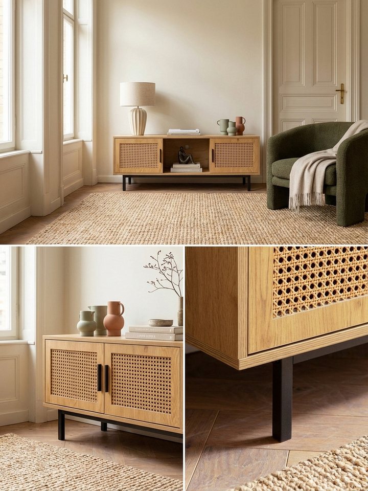 KADIMA DESIGN Lowboard Lowboard Eiche-Dekor mit Wiener Geflecht 120x45,5x40 cm TV-Kommode (Fernsehschrank, Fernsehkommode Wohnzimmer Rattan), Zeitlos mit Schieb – Bild 4 von 5