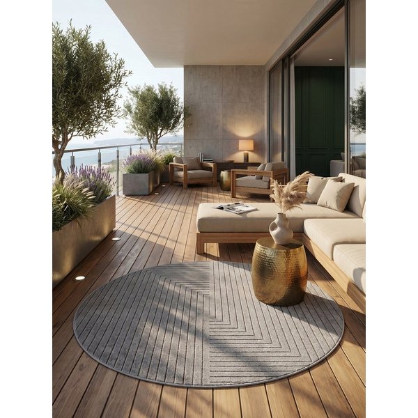 KADIMA DESIGN Outdoorteppich ENGADIN Outdoor-Teppich Labyrinthmuster Kurzflor modern Terrasse, Rund, Höhe: 7 mm, Silbergrau, Ø 80 cm, 5 mm Flor, Fußbodenheizung