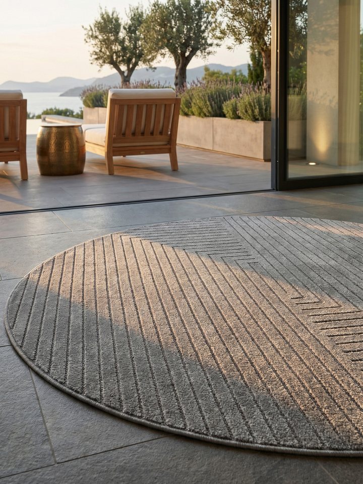 KADIMA DESIGN Outdoorteppich ENGADIN Outdoor-Teppich Labyrinthmuster Kurzflor modern Terrasse, Rund, Höhe: 7 mm, Silbergrau, Ø 80 cm, 5 mm Flor, Fußbodenheizung – Bild 2 von 5