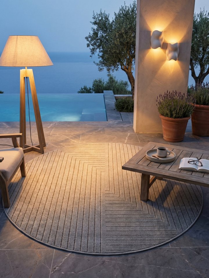 KADIMA DESIGN Outdoorteppich ENGADIN Outdoor-Teppich Labyrinthmuster Kurzflor modern Terrasse, Rund, Höhe: 7 mm, Silbergrau, Ø 80 cm, 5 mm Flor, Fußbodenheizung – Bild 4 von 5