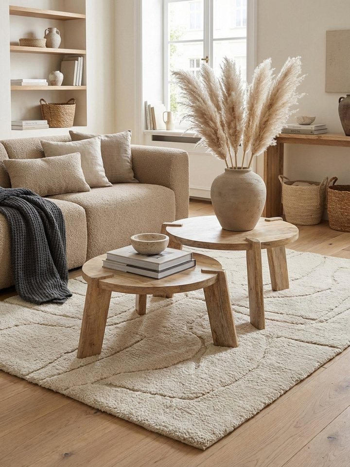 KADIMA DESIGN Satztisch Design Couchtisch 2er Set Mango Massivholz Wohnzimmertisch Hell (Tischset 2-teilig Kaffeetisch Holz), Satztisch Holztisch Rund Beistellt – Bild 2 von 5