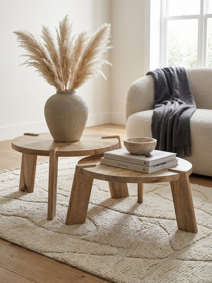 KADIMA DESIGN Satztisch Design Couchtisch 2er Set Mango Massivholz Wohnzimmertisch Hell (Tischset 2-teilig Kaffeetisch Holz), Satztisch Holztisch Rund Beistellt – Bild 3 von 5