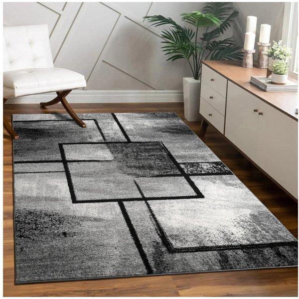 KADIMA DESIGN Teppich Geometrisches Quadratmuster Wohnzimmer Teppich Kurzflor, Läufer, Höhe: 14 mm, Florhöhe: 10 mm, 100% Polypropylen, Läufer, 80x150cm, Dunkel