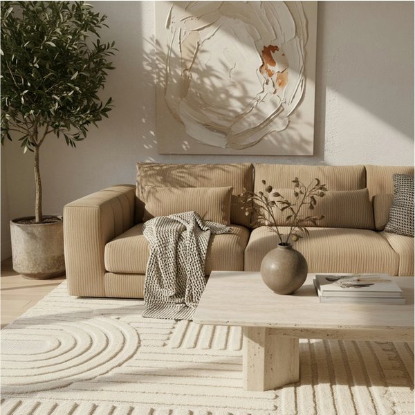 KADIMA DESIGN Teppich Hochflor Teppich RIGI Boho Skandinavisch Rund Beige Relief 8 mm, Rund, Höhe: 10 mm, Creme, 80x80 cm, Wohnzimmerteppich Strapazierfähig Was