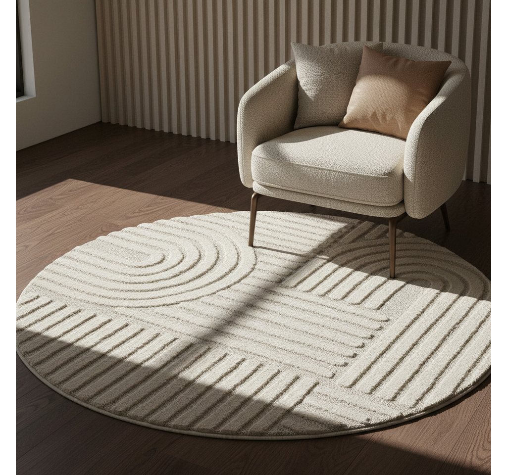 KADIMA DESIGN Teppich Hochflor Teppich RIGI Boho Skandinavisch Rund Beige Relief 8 mm, Rund, Höhe: 10 mm, Creme, 80x80 cm, Wohnzimmerteppich Strapazierfähig Was – Bild 3 von 5