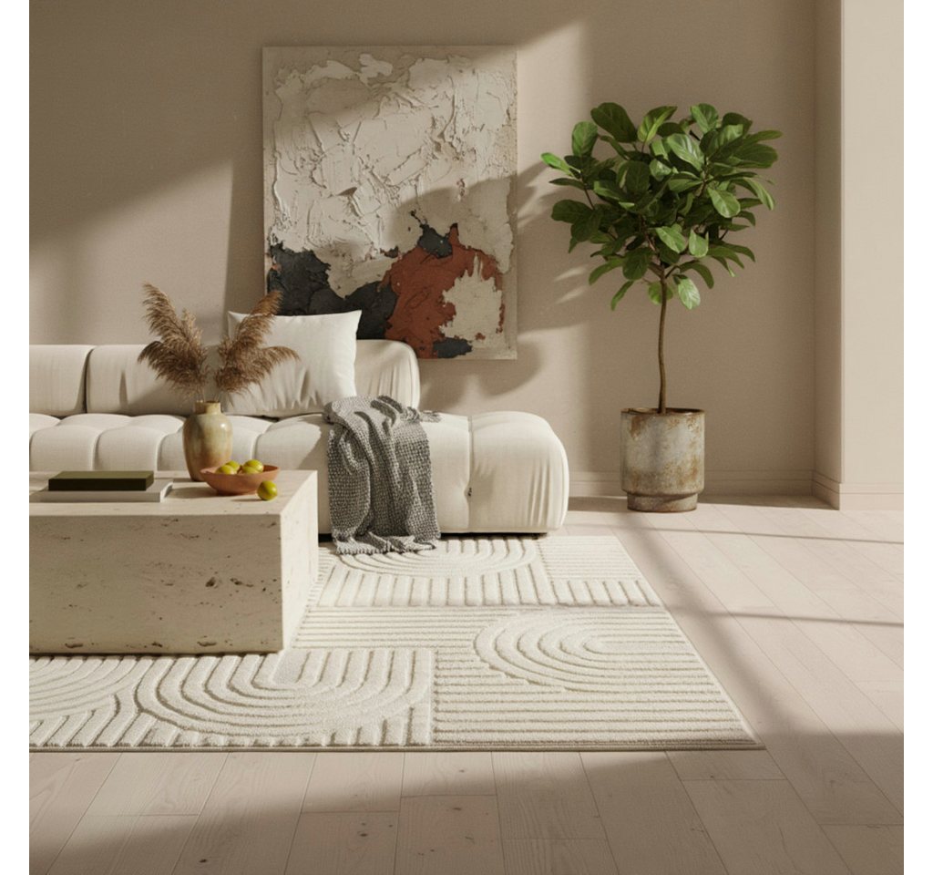 KADIMA DESIGN Teppich Hochflor Teppich RIGI Boho Skandinavisch Rund Beige Relief 8 mm, Rund, Höhe: 10 mm, Creme, 80x80 cm, Wohnzimmerteppich Strapazierfähig Was – Bild 4 von 5