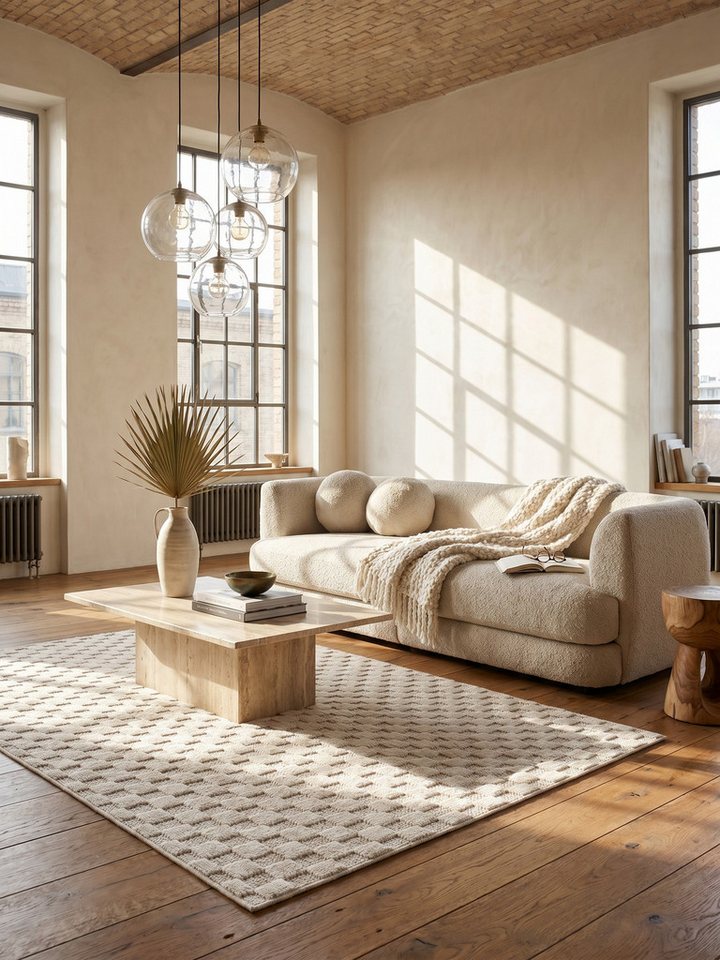 KADIMA DESIGN Teppich LANGAU Flachgewebe Schachbrett Grafisch Modern Wohnzimmer Waschbar, Läufer, Höhe: 7 mm, Creme, 60x110 cm, Saugroboter OEKO-TEX Fußbodenhei – Bild 3 von 5