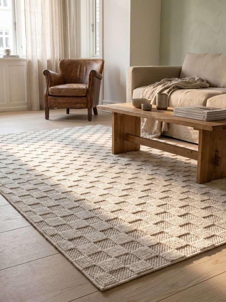 KADIMA DESIGN Teppich LANGAU Flachgewebe Schachbrett Grafisch Modern Wohnzimmer Waschbar, Läufer, Höhe: 7 mm, Creme, 60x110 cm, Saugroboter OEKO-TEX Fußbodenhei – Bild 4 von 5