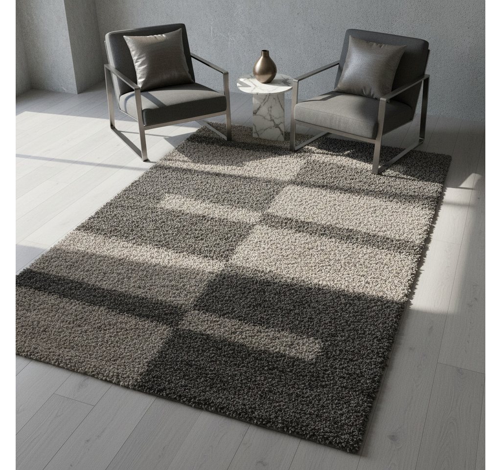 KADIMA DESIGN Teppich WERFEN Shaggy Langflor Wohnzimmer Schlafzimmer Waschbar Kariert, Rund, Höhe: 32 mm, Taupe, 80x80 cm, Wohnzimmerteppich Strapazierfähig Was – Bild 2 von 5