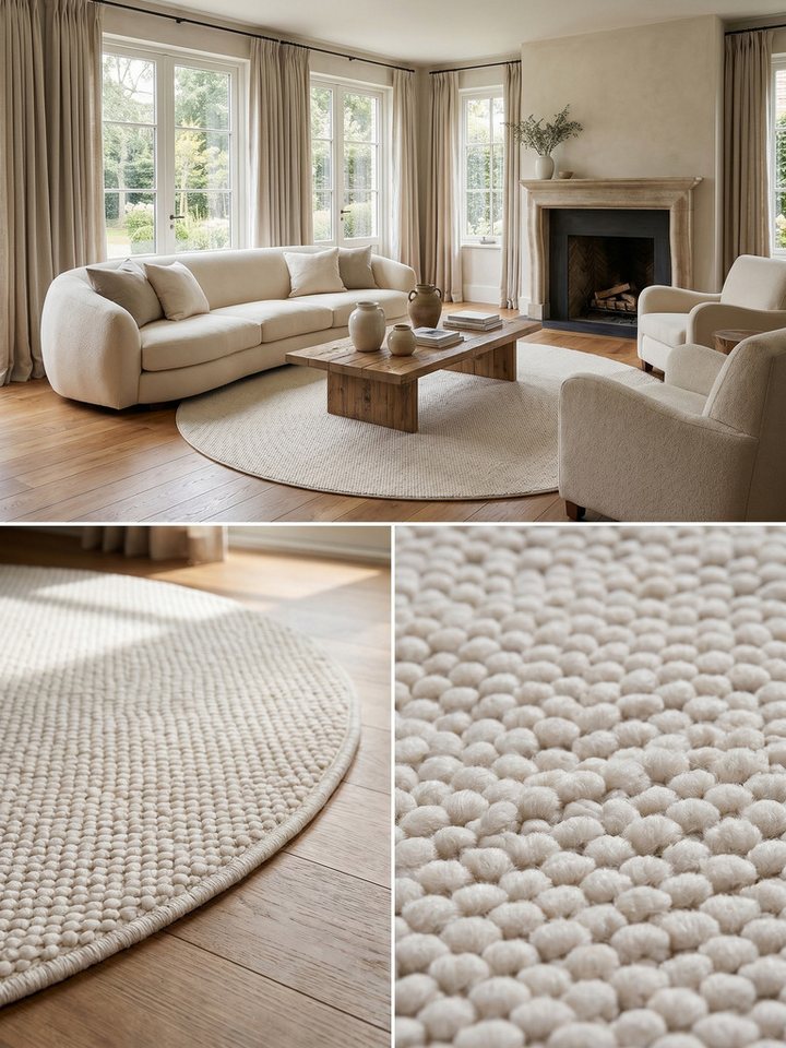 KADIMA DESIGN Teppich Wohnzimmerteppich LANGAU Uni meliert Berber-Tradition Esszimmer, Rund, Höhe: 7 mm, Creme, 80x80 cm, Wohnzimmerteppich Strapazierfähig Wasc – Bild 5 von 5