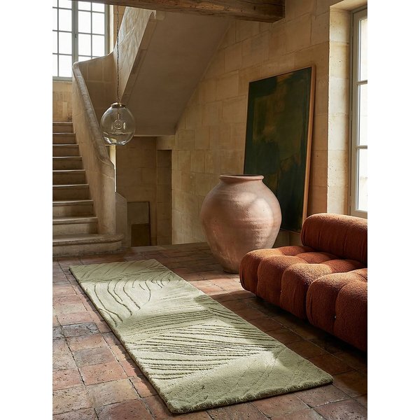 KADIMA DESIGN Wollteppich LEVEN Teppich Läufer Blatt-Textur 60x230 Grün-Beige Flur Modern, Läufer, Höhe: 18 mm, Schurwolle 100%, Hand-getuftet, Naturkautschuk-R