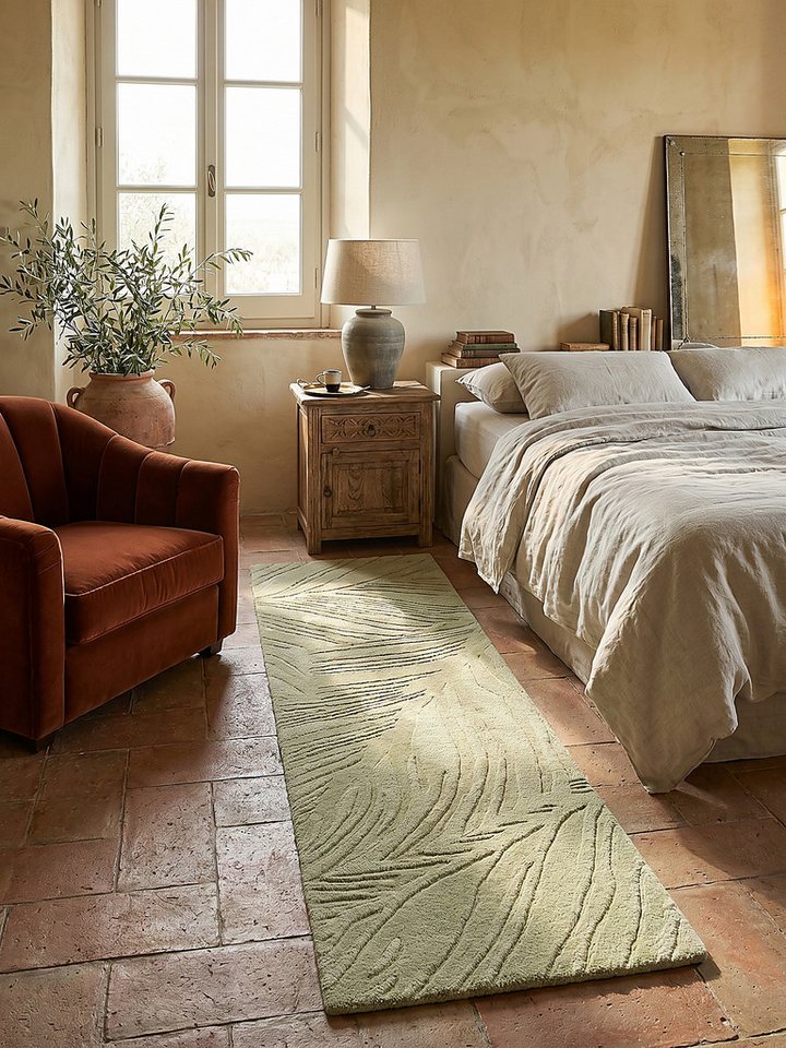 KADIMA DESIGN Wollteppich LEVEN Teppich Läufer Blatt-Textur 60x230 Grün-Beige Flur Modern, Läufer, Höhe: 18 mm, Schurwolle 100%, Hand-getuftet, Naturkautschuk-R – Bild 3 von 5