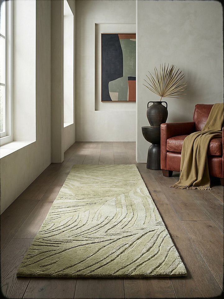 KADIMA DESIGN Wollteppich LEVEN Teppich Läufer Blatt-Textur 60x230 Grün-Beige Flur Modern, Läufer, Höhe: 18 mm, Schurwolle 100%, Hand-getuftet, Naturkautschuk-R – Bild 4 von 5