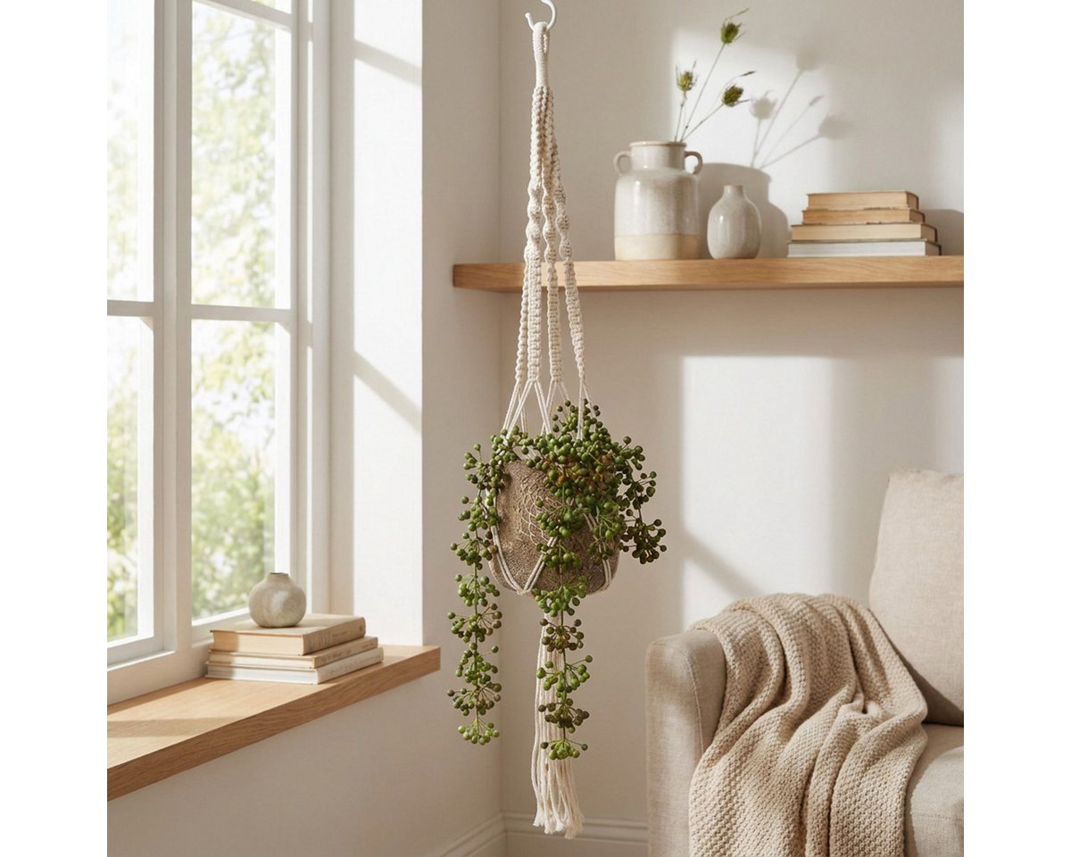 Kaemingk Blumenampel Makramee Blumenampel Creme Boho-Stil Ø18-19cm H85cm – Bild 2 von 5