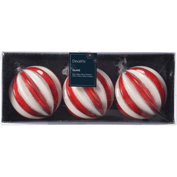 Kaemingk Christbaumschmuck, Weihnachtskugeln Glas mit Streifen geriffelt 8cm rot / weiß, 3er Set