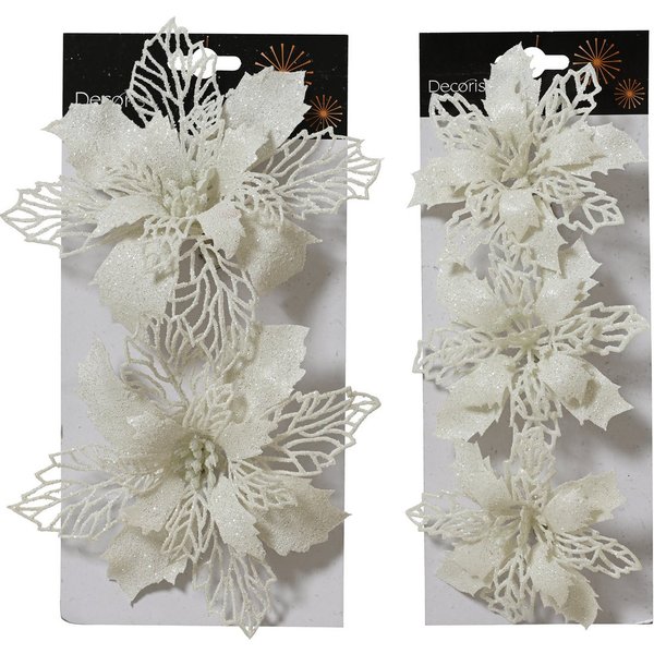 Kaemingk Christbaumschmuck, Weihnachtsstern Blüten künstlich 11 & 16cm mit Clip 5er Set Weiß