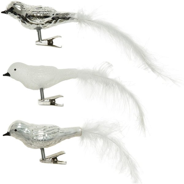 Kaemingk Christbaumschmuck, Christbaumschmuck Glas Vögel auf Clip 8cm 3er Set Silber / Weiß Mix