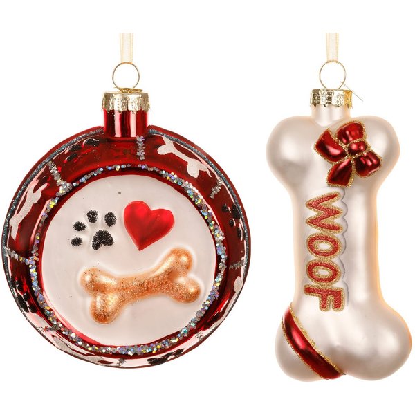 Kaemingk Christbaumschmuck, Christbaumschmuck Glas 11cm Hunde Napf & Knochen Figuren 2er Set Rot