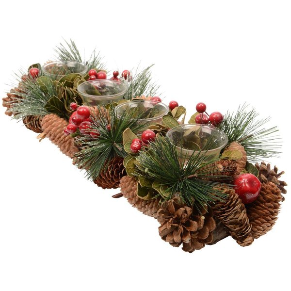 Kaemingk Dekokranz, Adventsgesteck länglich Teelichthalter Glas 45cm grün rot