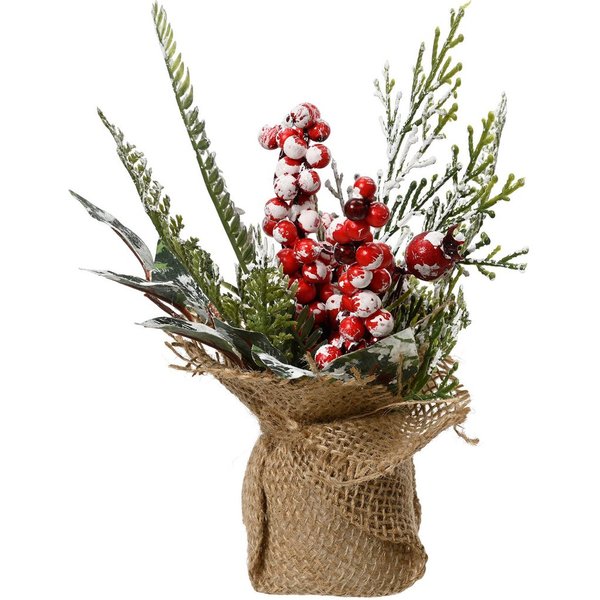 Gestecke, Kaemingk, Weihnachtsgesteck künstlich mit Zweigen und Beeren 20cm im Jutesack