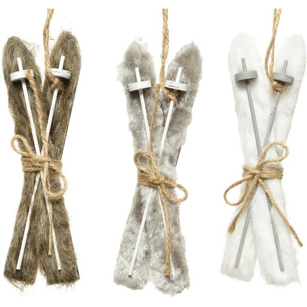 Kaemingk Hängedekoration, Christbaumschmuck Holz Skier 17cm weiß grau braun 1 Stück sortiert